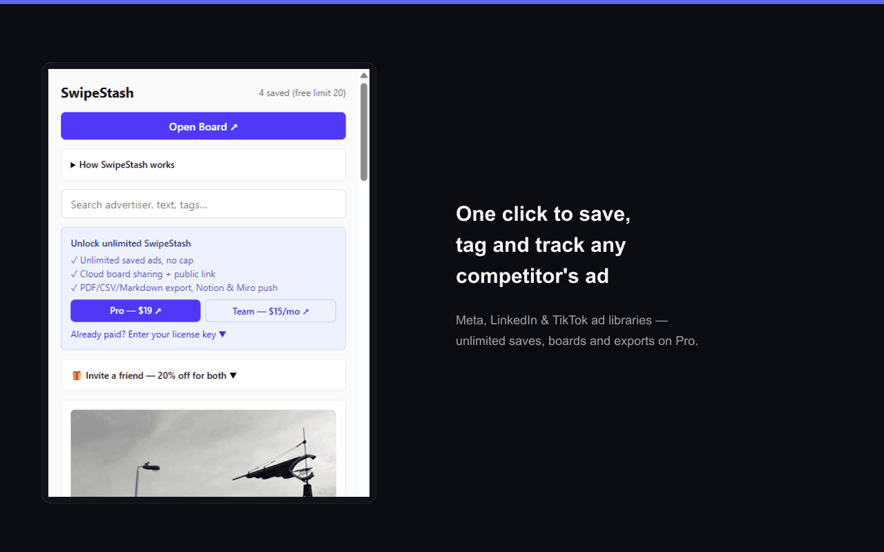 SwipeStash save button on a Meta Ad Library page